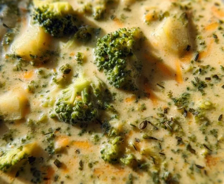 High-Protein Broccoli Cheddar Soup in a bowl, garnished with fresh broccoli and cheese