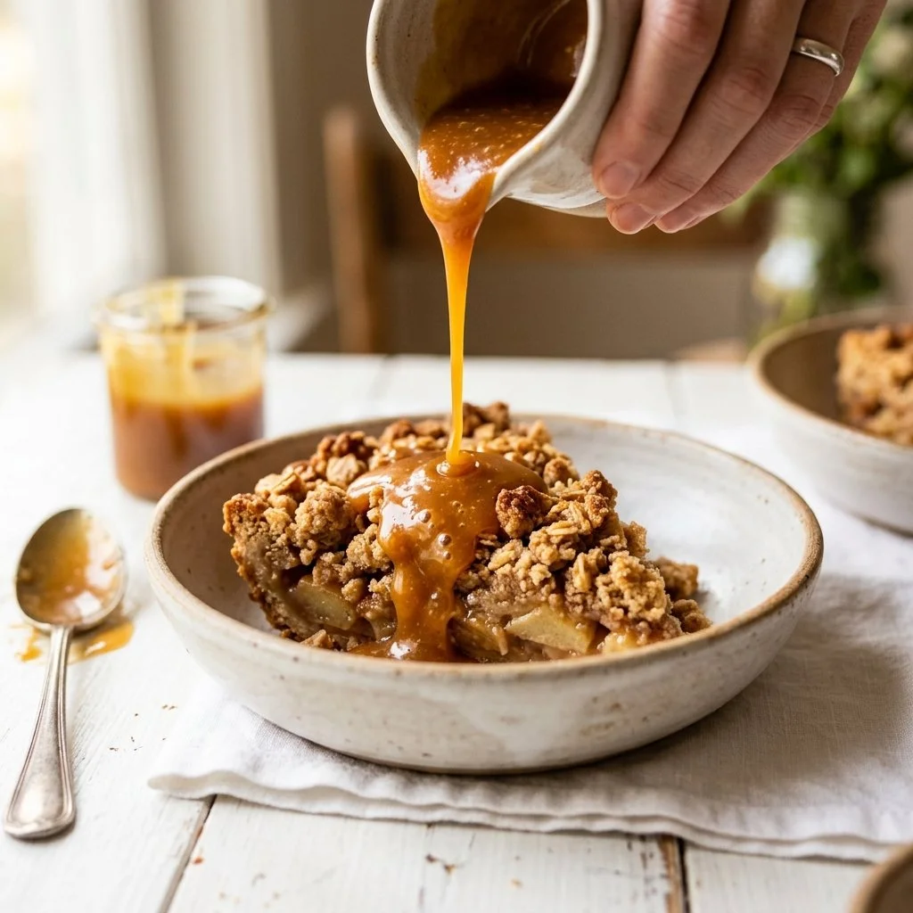 Homemade caramel sauce drizzled over dessert