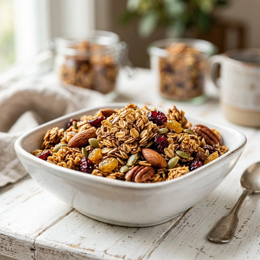 Bowl of homemade granola with nuts and dried fruits
