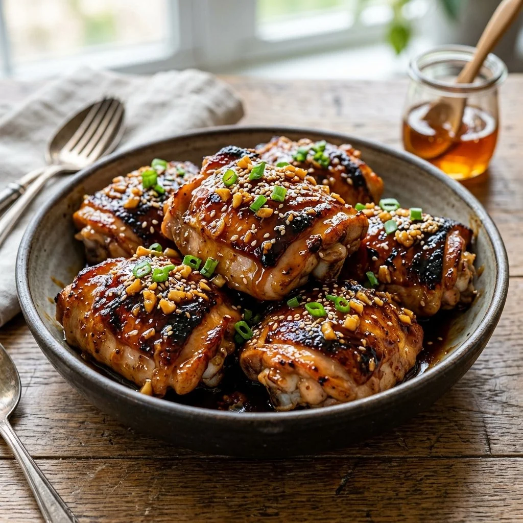 Juicy honey garlic chicken thighs served with vegetables on a plate.
