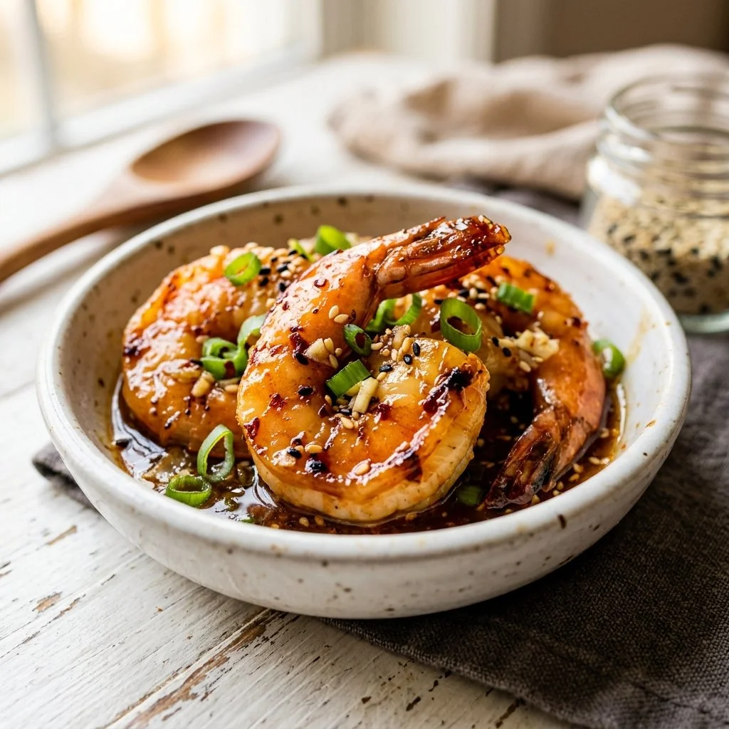 Delicious honey garlic shrimp served on a plate with fresh vegetables.