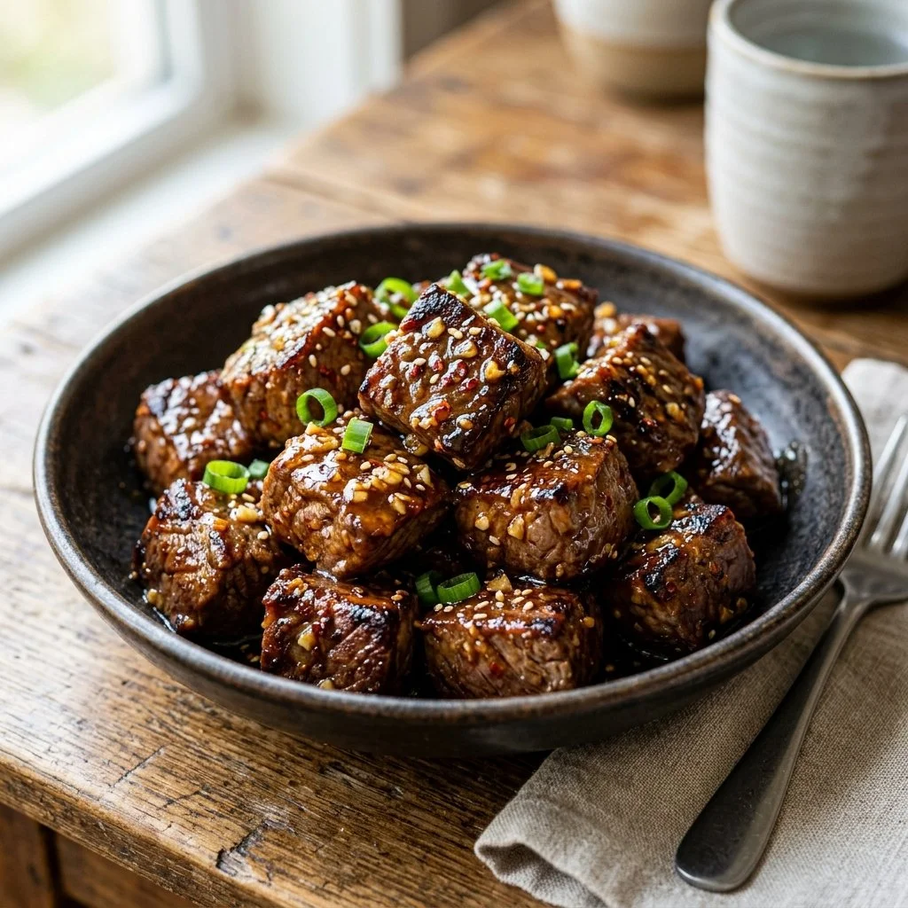 Delicious honey garlic steak bites served on a plate with garnish