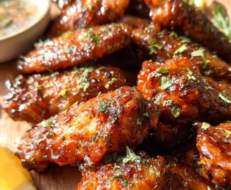 Honey Lemon Pepper Wings garnished with lemon slices on a plate