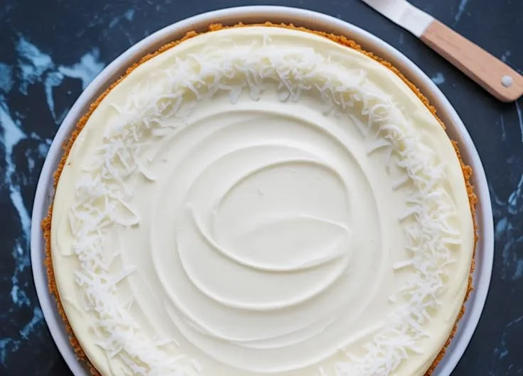Delicious homemade coconut cheesecake topped with coconut flakes.