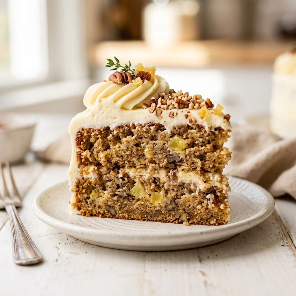 Sliced hummingbird cake with cream cheese frosting and tropical fruit toppings.