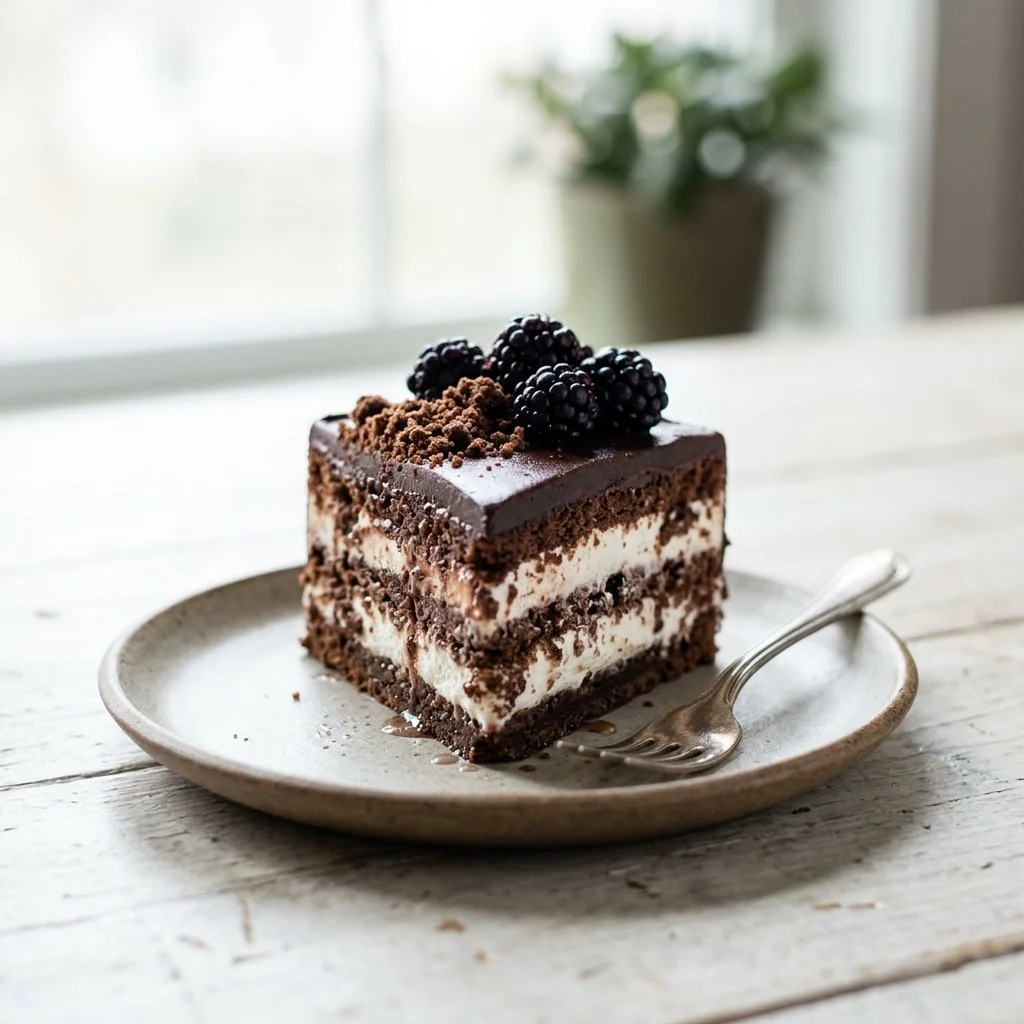 Delicious Icebox Cake made with layers of cookies and cream