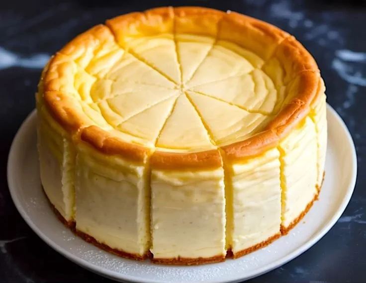 A slice of fluffy Japanese Cheesecake on a plate, topped with fresh fruit.