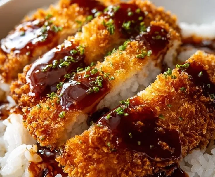 Delicious Katsu Bowls topped with Tonkatsu Sauce in a Japanese style dish