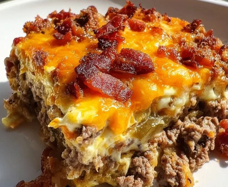 Delicious Keto Bacon Cheeseburger Casserole topped with melted cheese and crispy bacon
