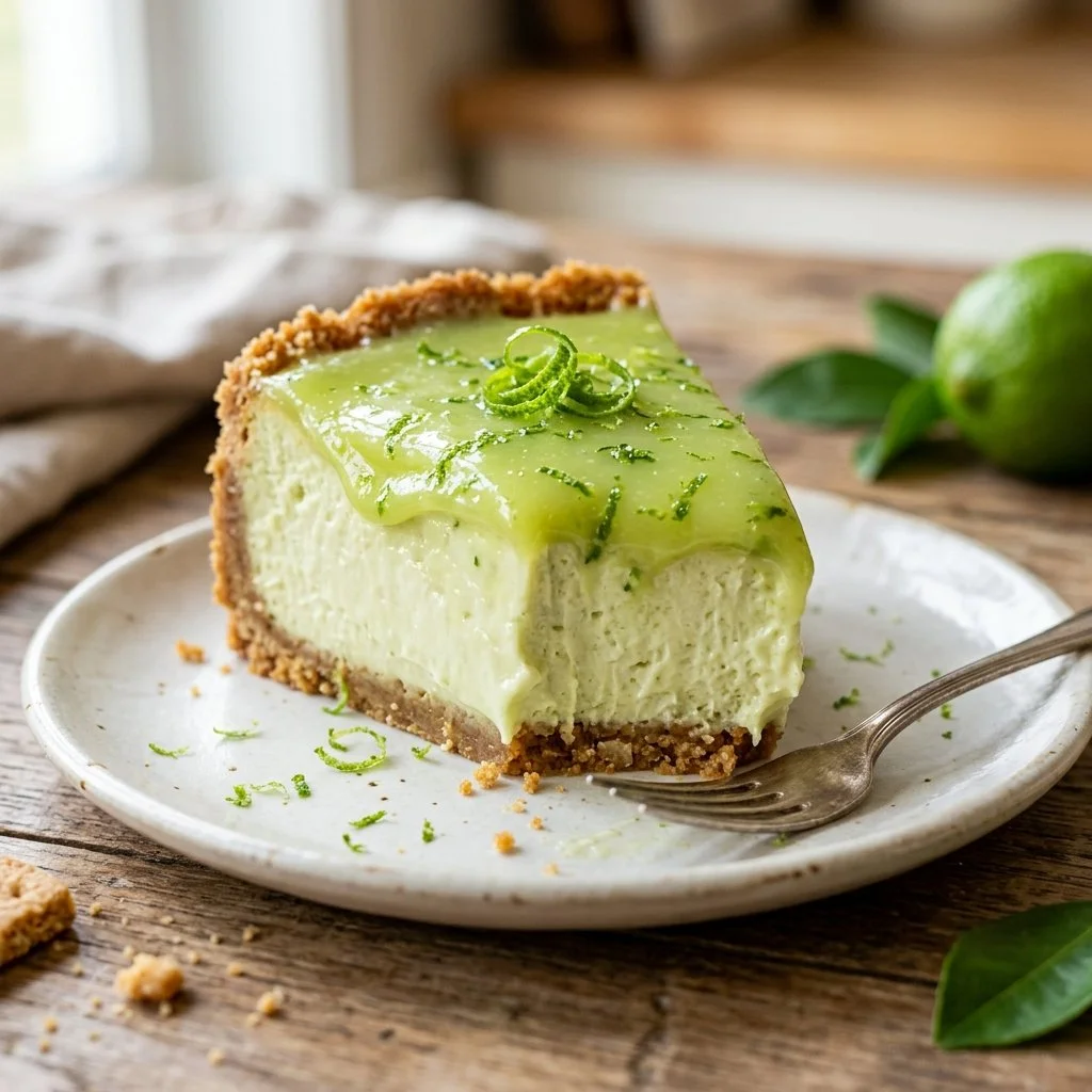 Delicious Key Lime Cheesecake with a graham cracker crust and whip cream topping