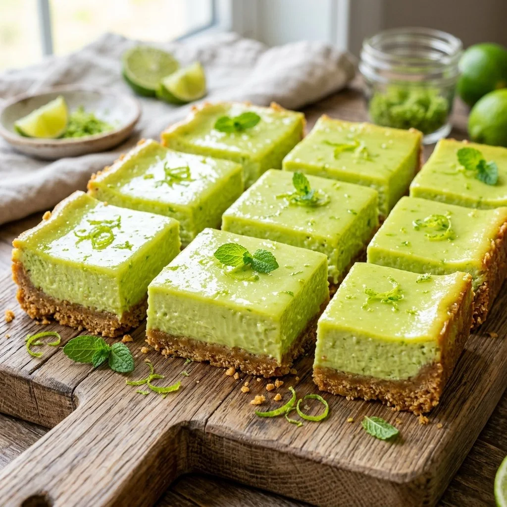 Delicious Key Lime Cheesecake Bars garnished with lime zest and whipped cream
