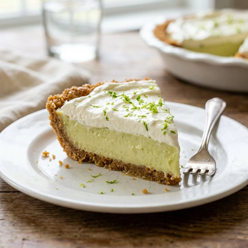 Delicious slice of Key Lime Pie with a graham cracker crust and lime garnish
