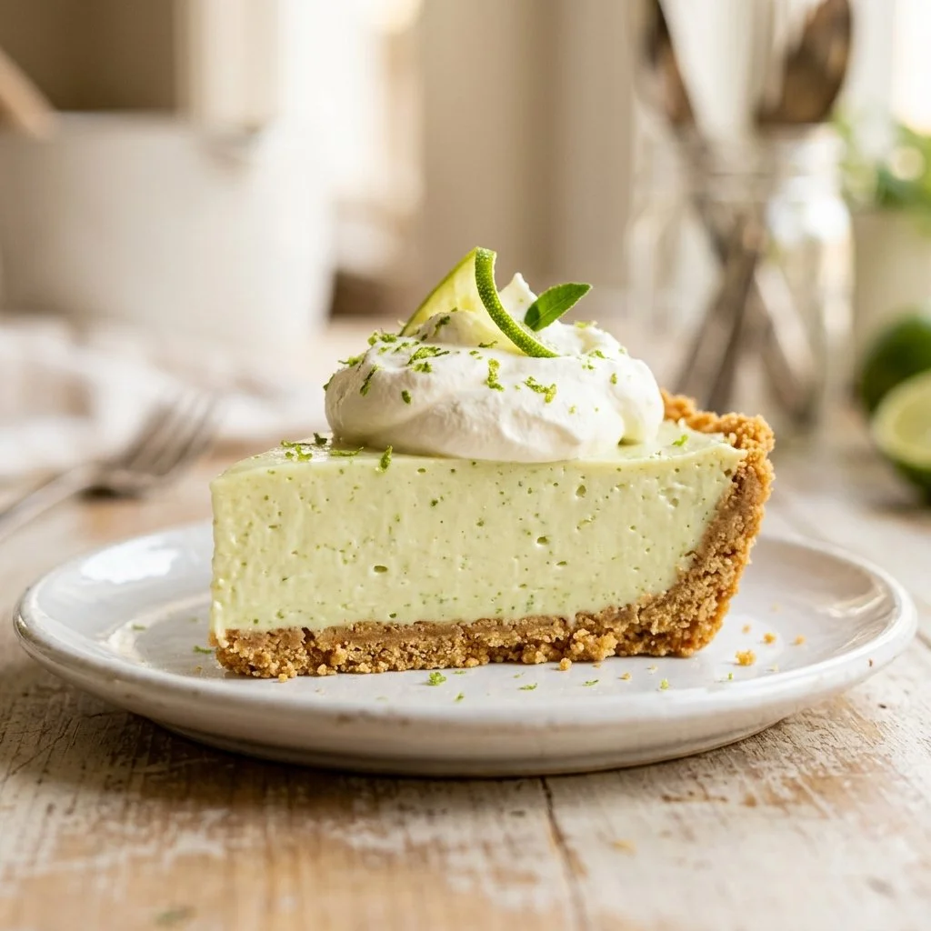 Delicious key lime pie slice on a plate with lime garnish