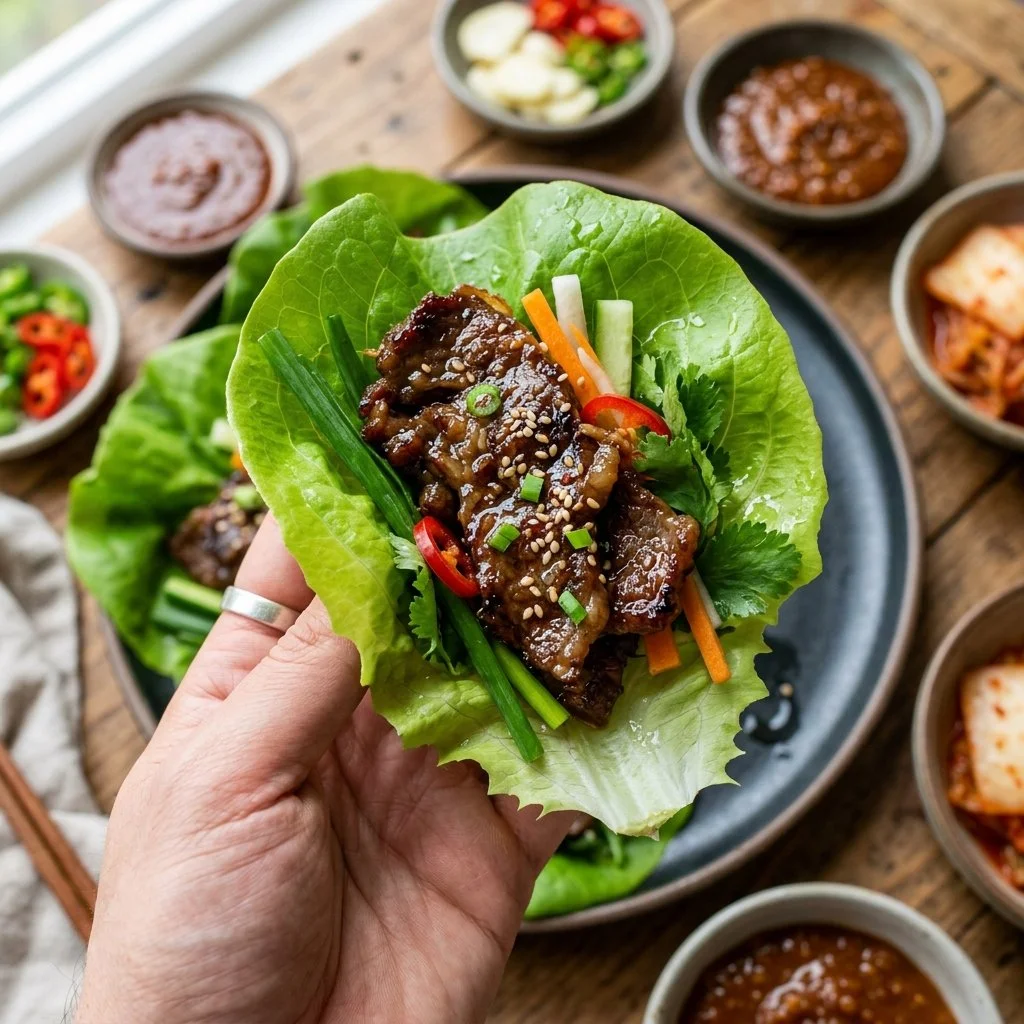 Korean beef lettuce wraps served on a plate with fresh herbs and sauces