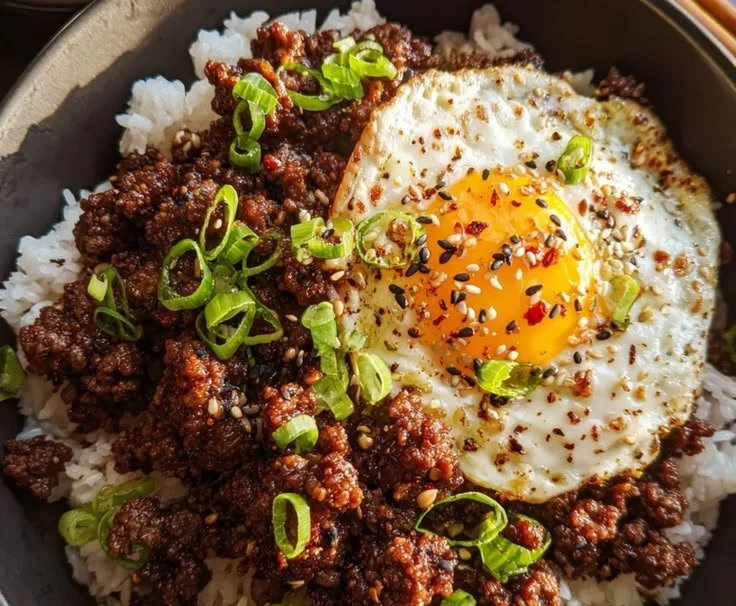 Korean Ground Beef Bowl with rice and vegetables