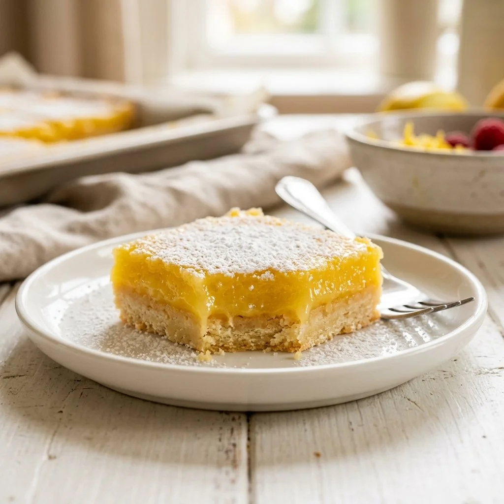 Delicious lemon bars on a white plate with lemon slices