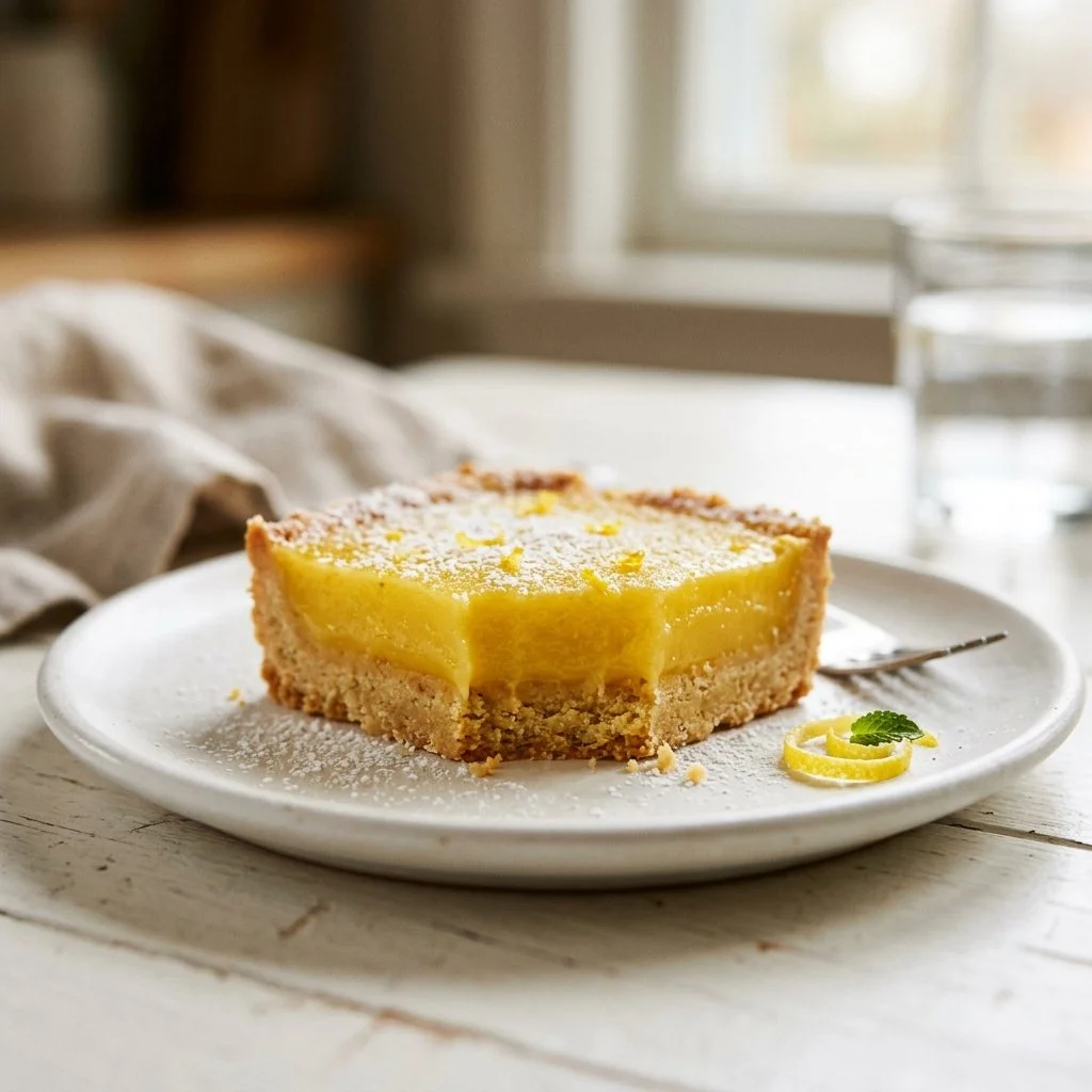 Homemade lemon bars on a plate with powdered sugar garnish