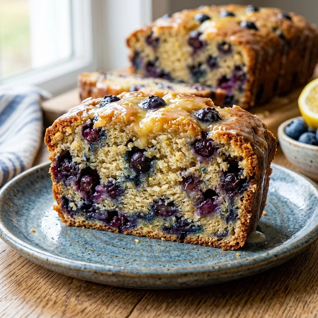 Slice of lemon blueberry bread with blueberries and lemon zest on a plate
