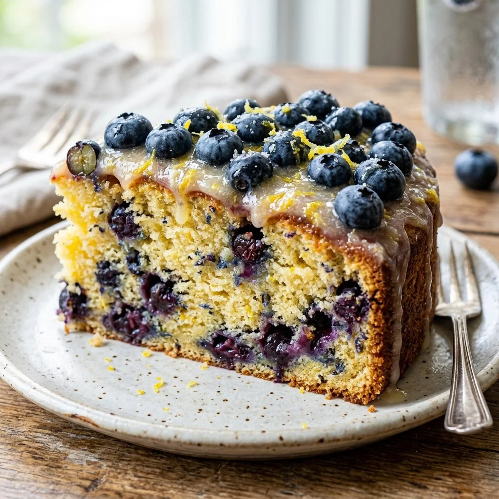 Delicious Lemon Blueberry Cake with fresh blueberries and lemon glaze