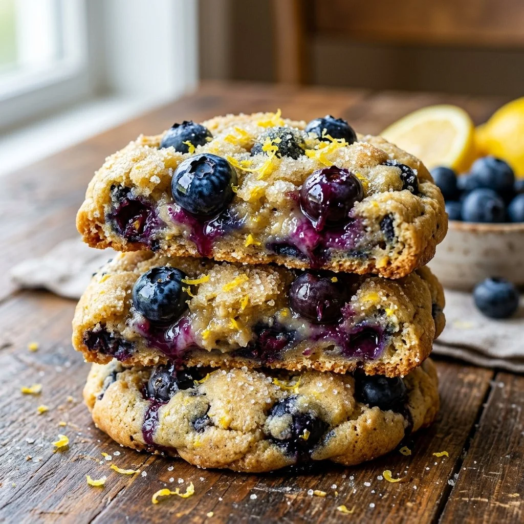 Freshly baked lemon blueberry cookies on a cooling rack
