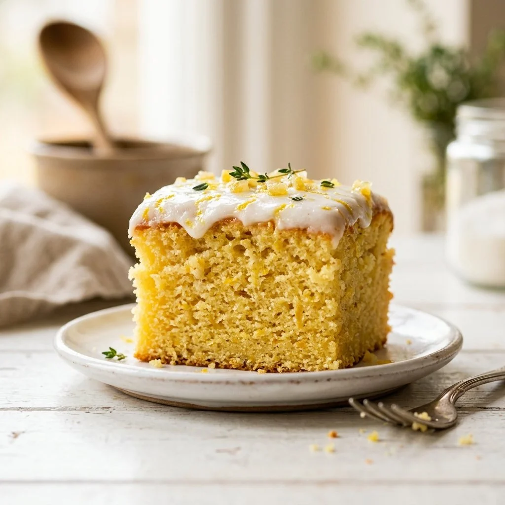 Delicious homemade lemon cake with frosting and lemon slices on a plate