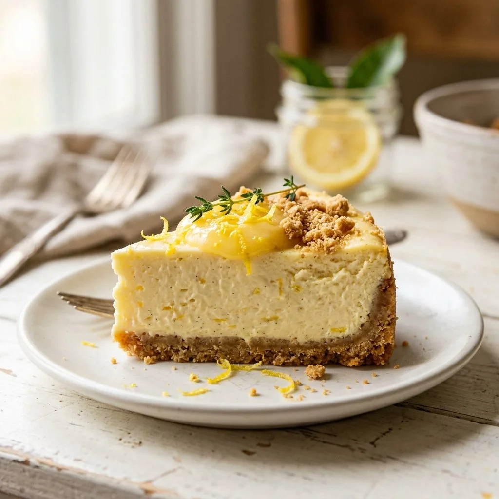 Delicious lemon cheesecake slice on a plate garnished with lemon zest