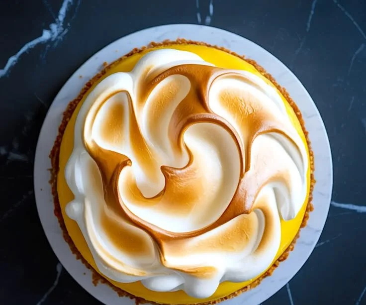 Delicious lemon meringue cheesecake topped with fluffy meringue and lemon zest