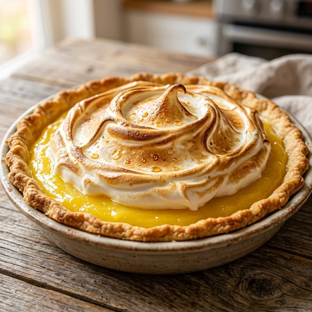 Delicious slice of lemon meringue pie with golden meringue topping and citrus filling