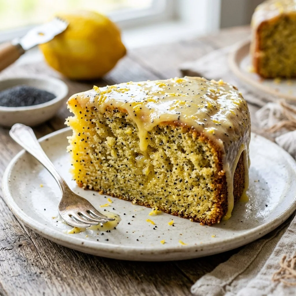 Slice of lemon poppy seed cake with a drizzle of icing on a plate