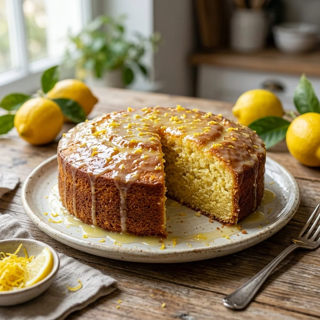 Freshly baked Lemon Pound Cake with lemon zest and glaze