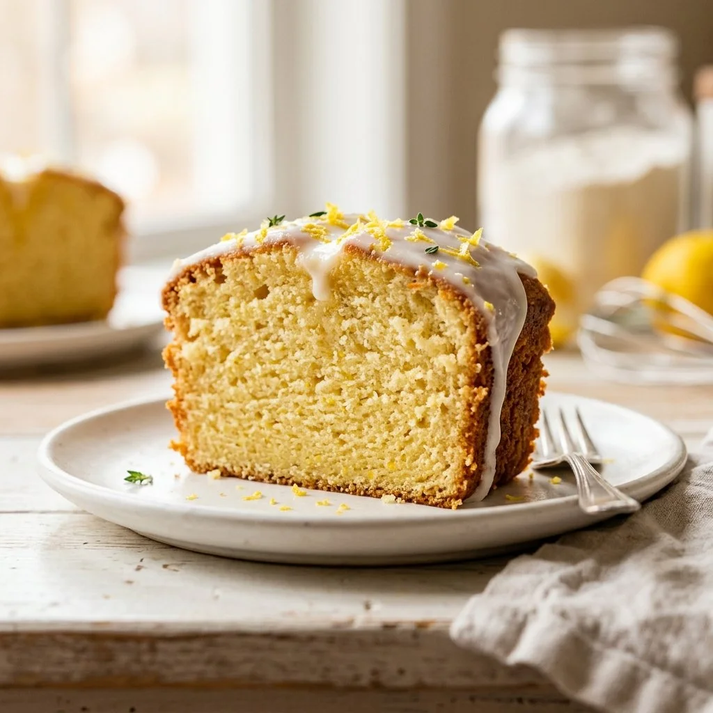 Moist lemon pound cake sliced and served on a plate