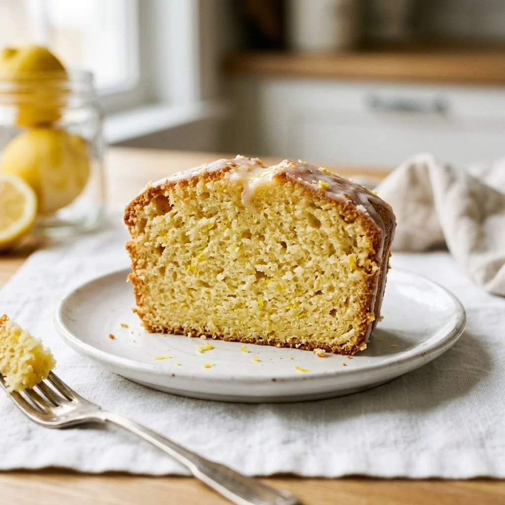 Sliced lemon pound cake with a bright, zesty lemon glaze