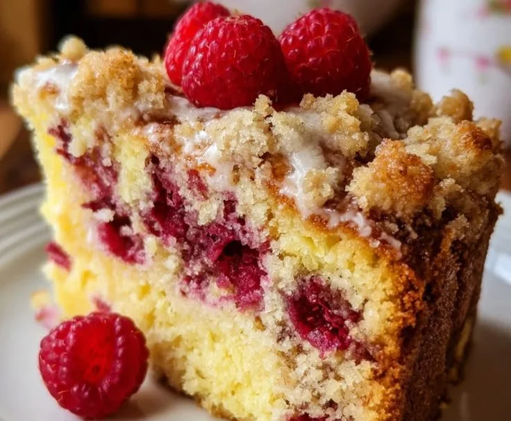 Lemon Raspberry Cake with crumb topping, showcasing vibrant raspberries and lemon zest.