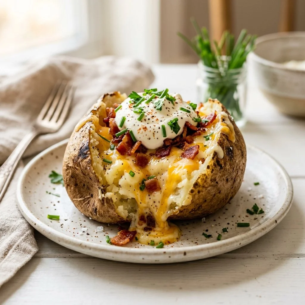 A loaded baked potato topped with cheese, bacon, and green onions.