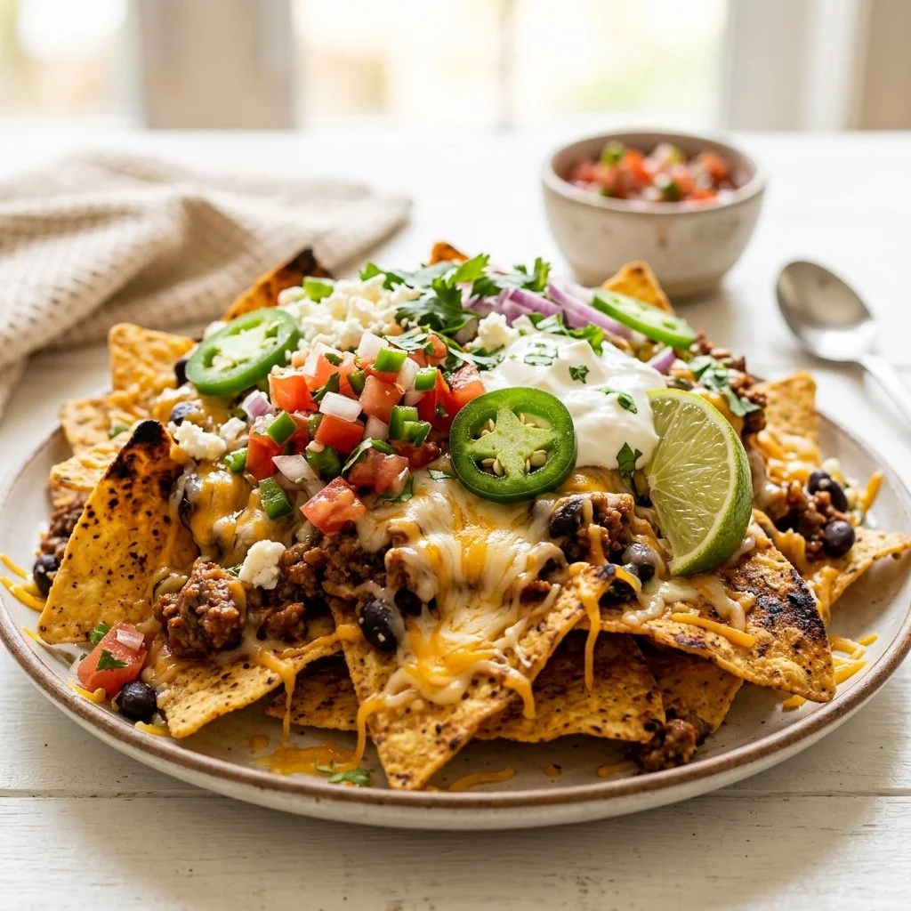 Delicious loaded nachos topped with cheese, jalapeños, and salsa