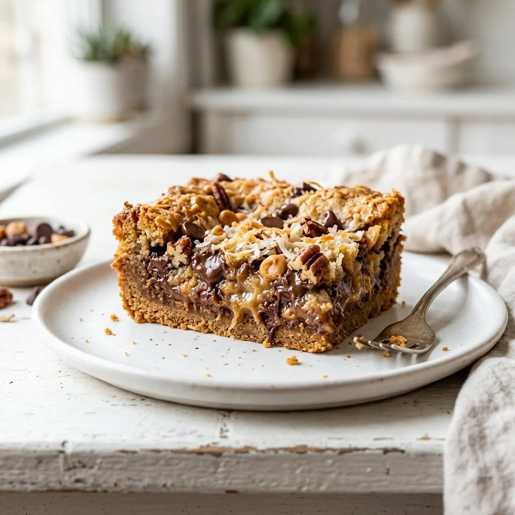 Delicious homemade magic cookie bars with chocolate and coconut layers.