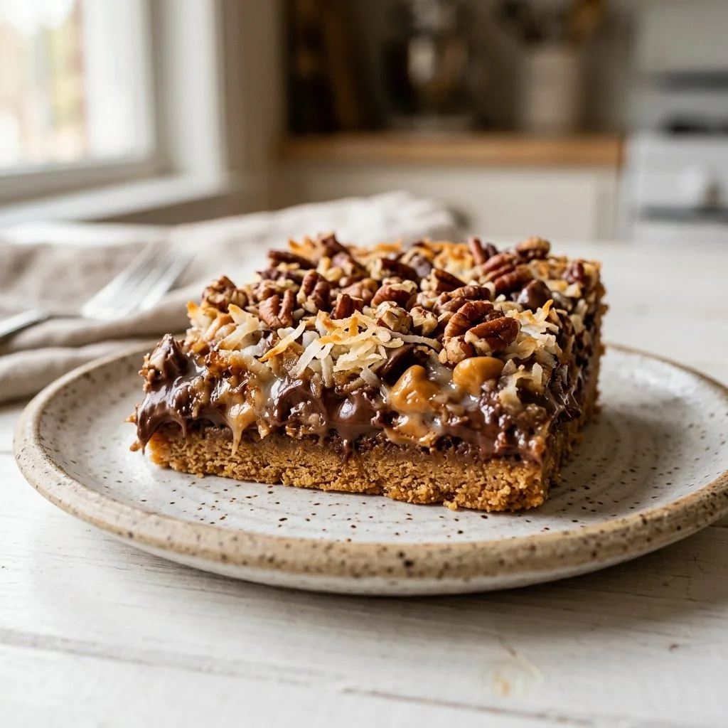Delicious magic cookie bars topped with chocolate and coconut