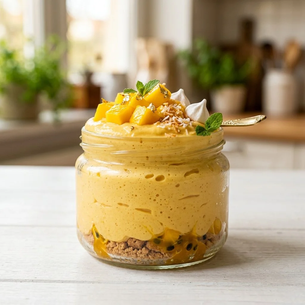 A delicious mango mousse dessert garnished with fresh mango slices.