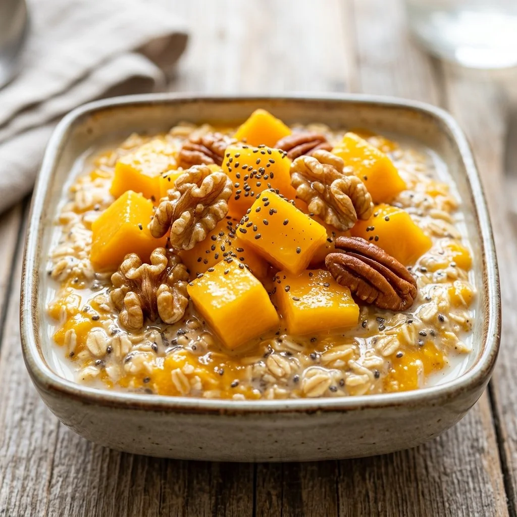 Bowl of Mango Overnight Oats topped with fresh mango slices and coconut