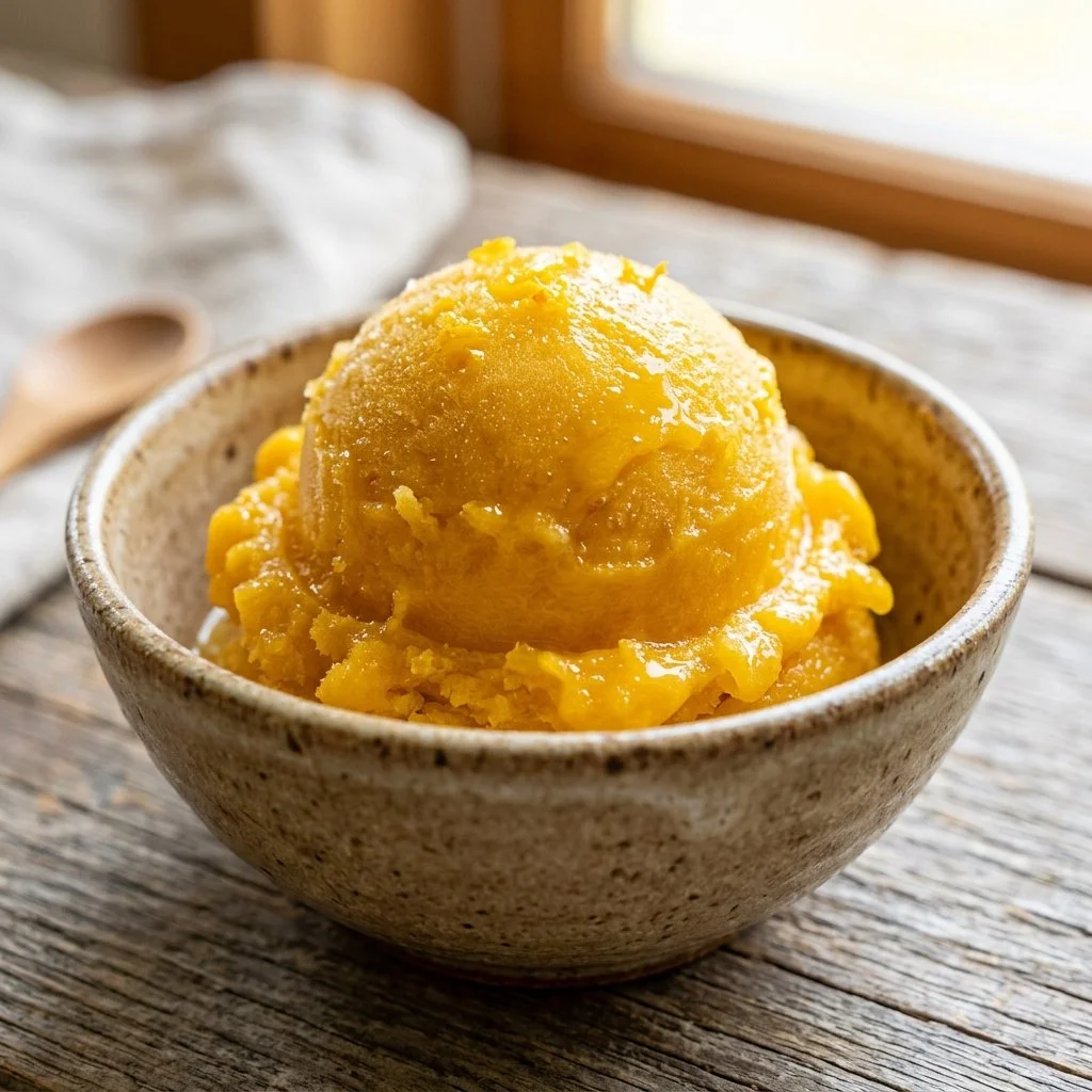 Delicious homemade mango sorbet served in a bowl with fresh mango slices.