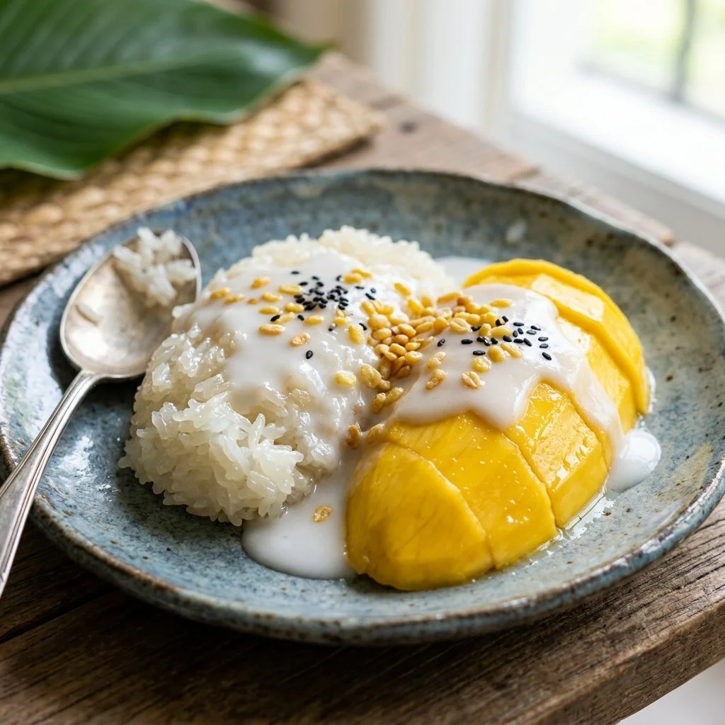 Delicious mango sticky rice dessert served with fresh mango slices and coconut sauce