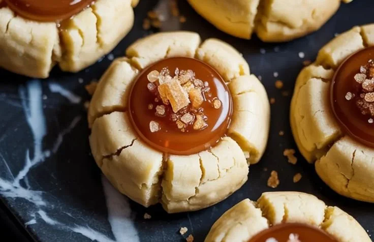 Maple Brown Sugar Thumbprint Cookies on a plate with a gooey filling