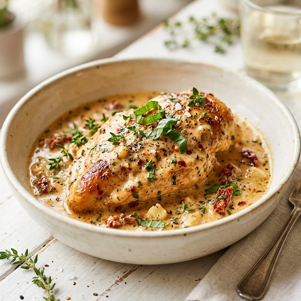 Delicious Marry Me Chicken recipe served on a plate with herbs and cream sauce