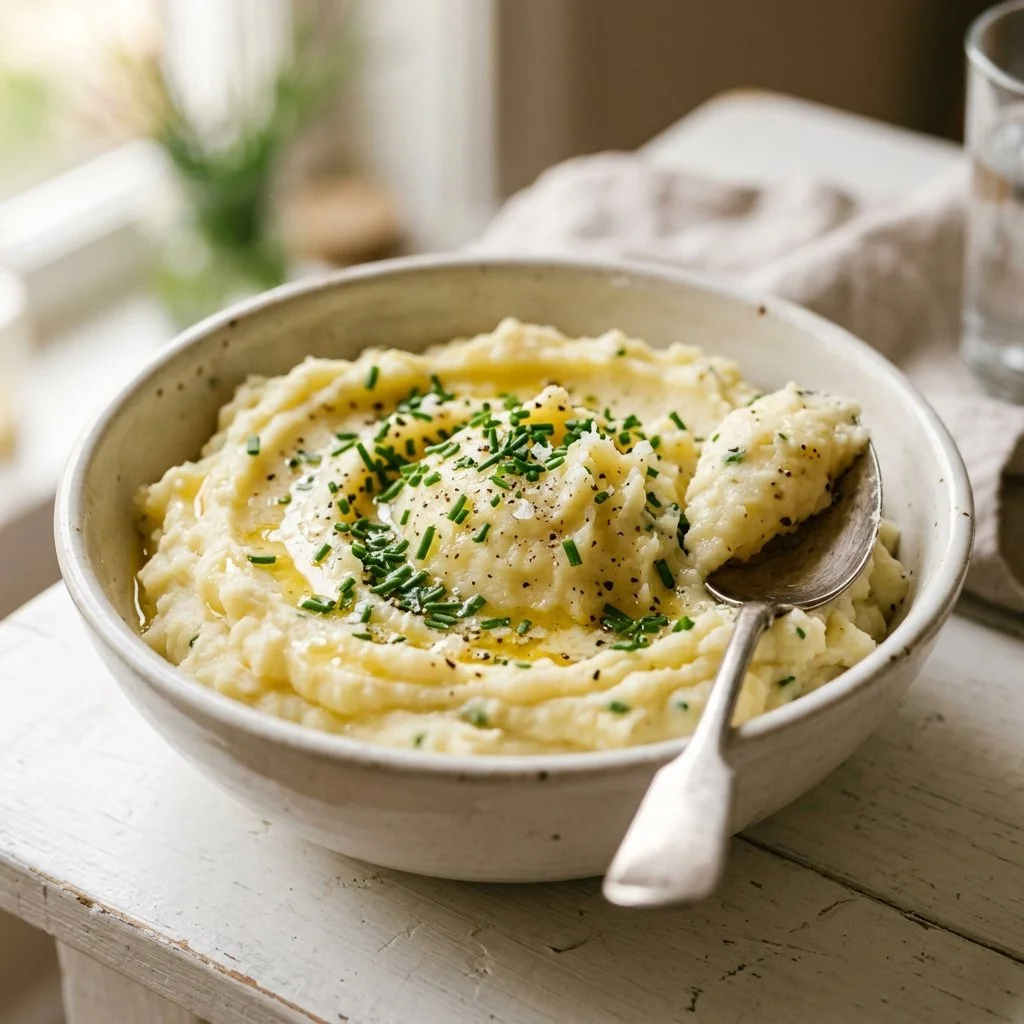 Delicious creamy mashed potatoes recipe served in a bowl