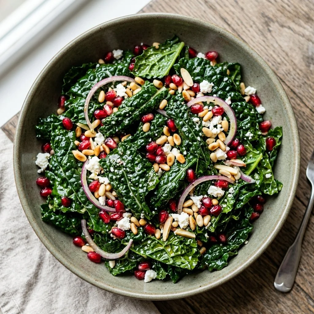 Freshly prepared massaged kale salad with vibrant veggies and dressing