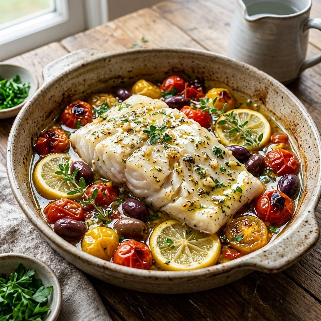 Plate of Mediterranean baked cod with herbs and vegetables