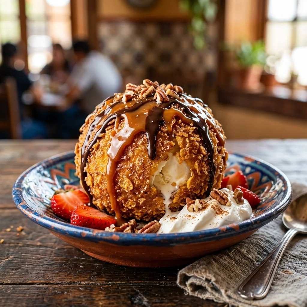 Delicious Mexican fried ice cream drizzled with chocolate and topped with whipped cream.