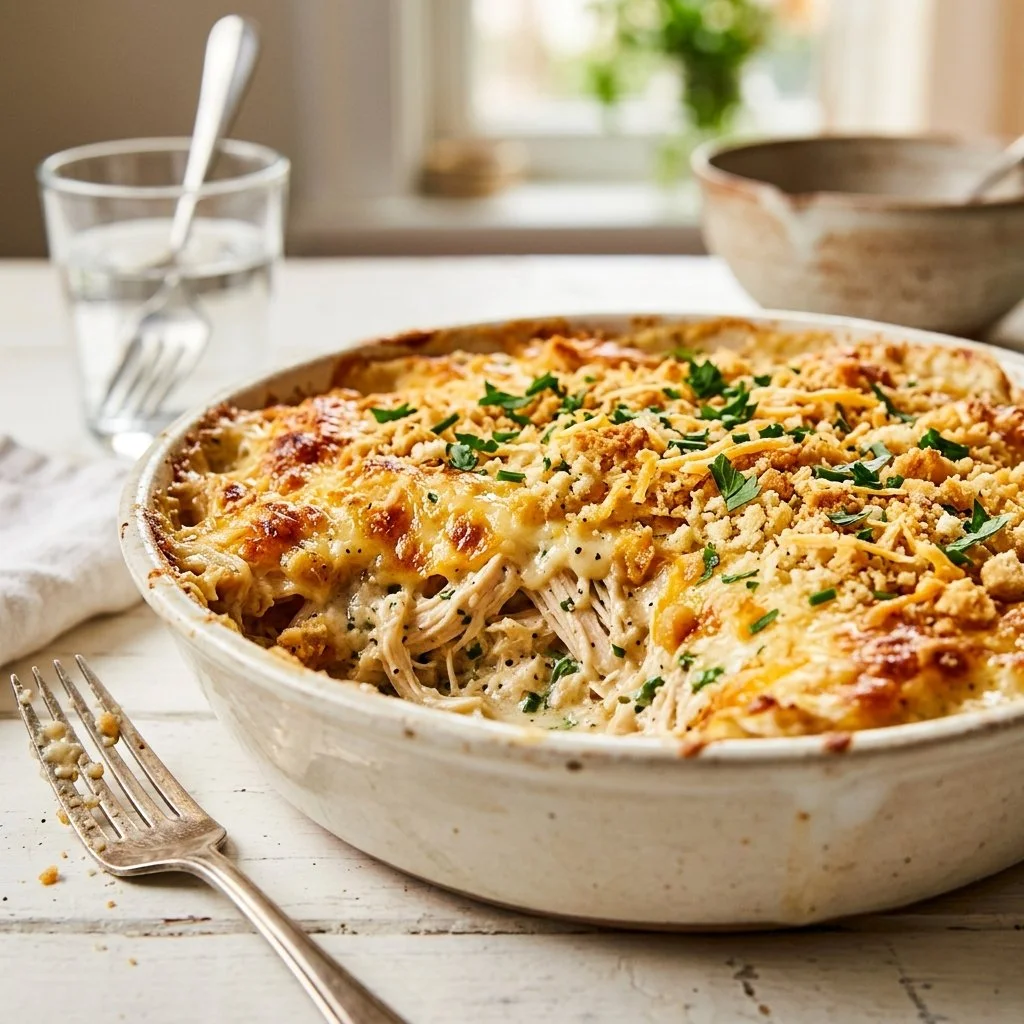 Delicious Million Dollar Chicken Casserole with creamy sauce and golden topping