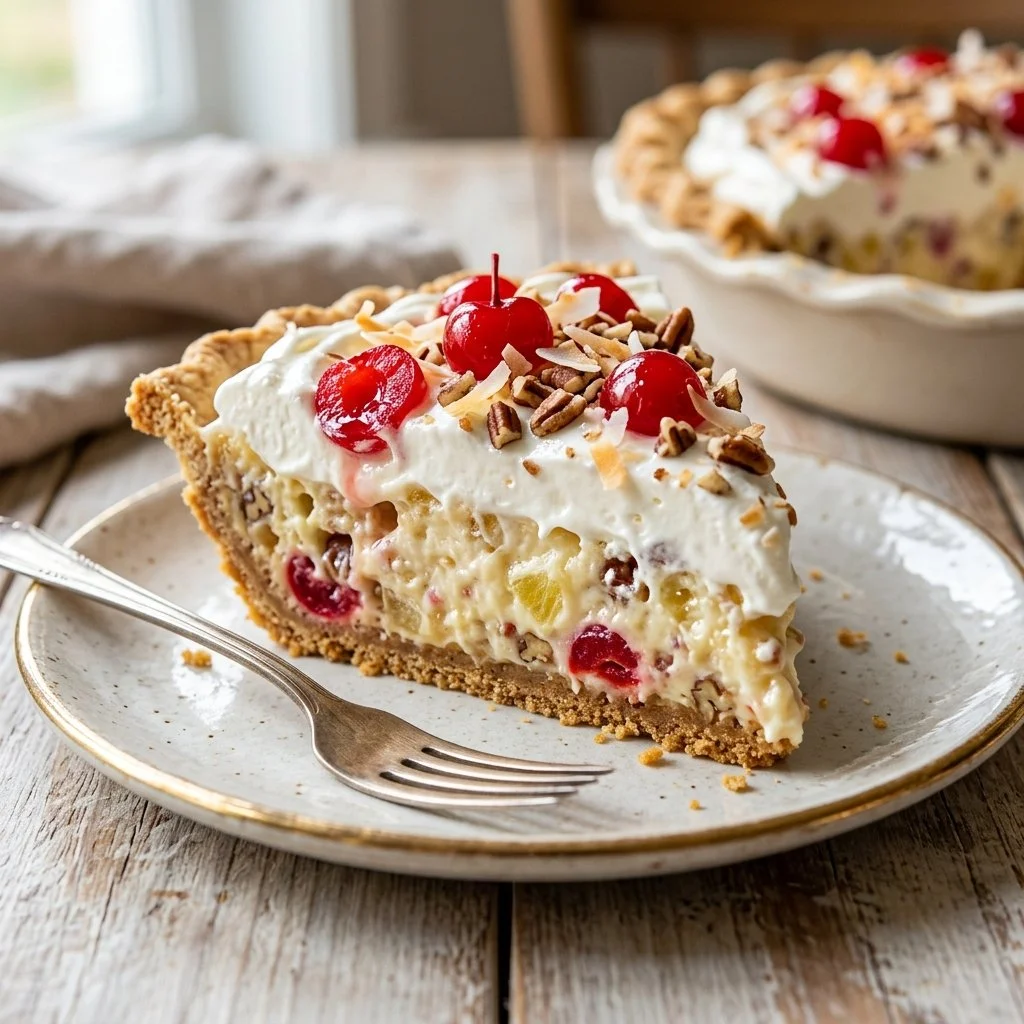 Delicious slice of Million Dollar Pie topped with whipped cream and nuts