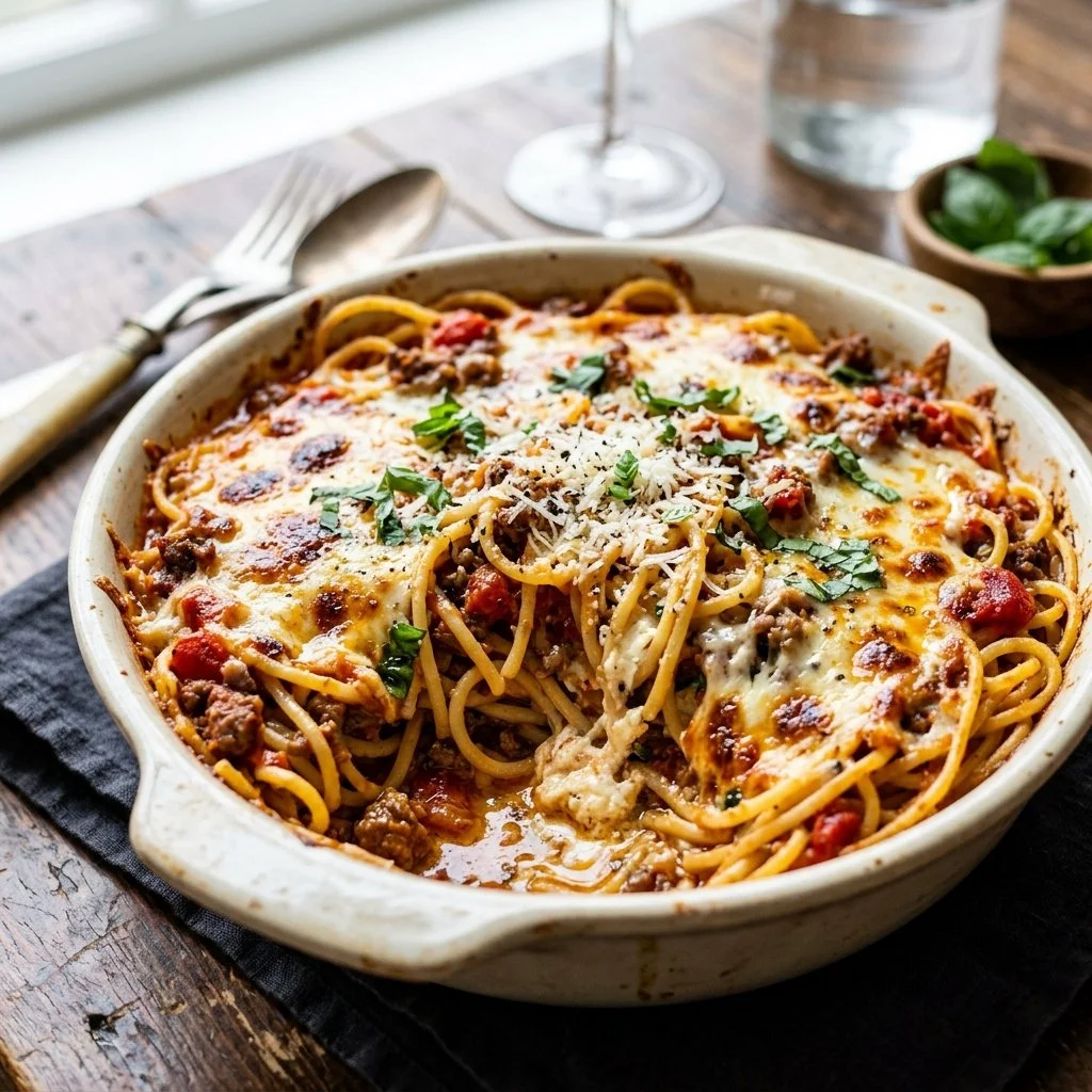 A delicious serving of Million Dollar Spaghetti with melted cheese and herbs